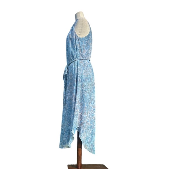 Ramy Brook Paisley Jolie  Blue Asym Hem Ruffle Neck Keyhole Midi Dress Sz. Small - Picture 3 of 7